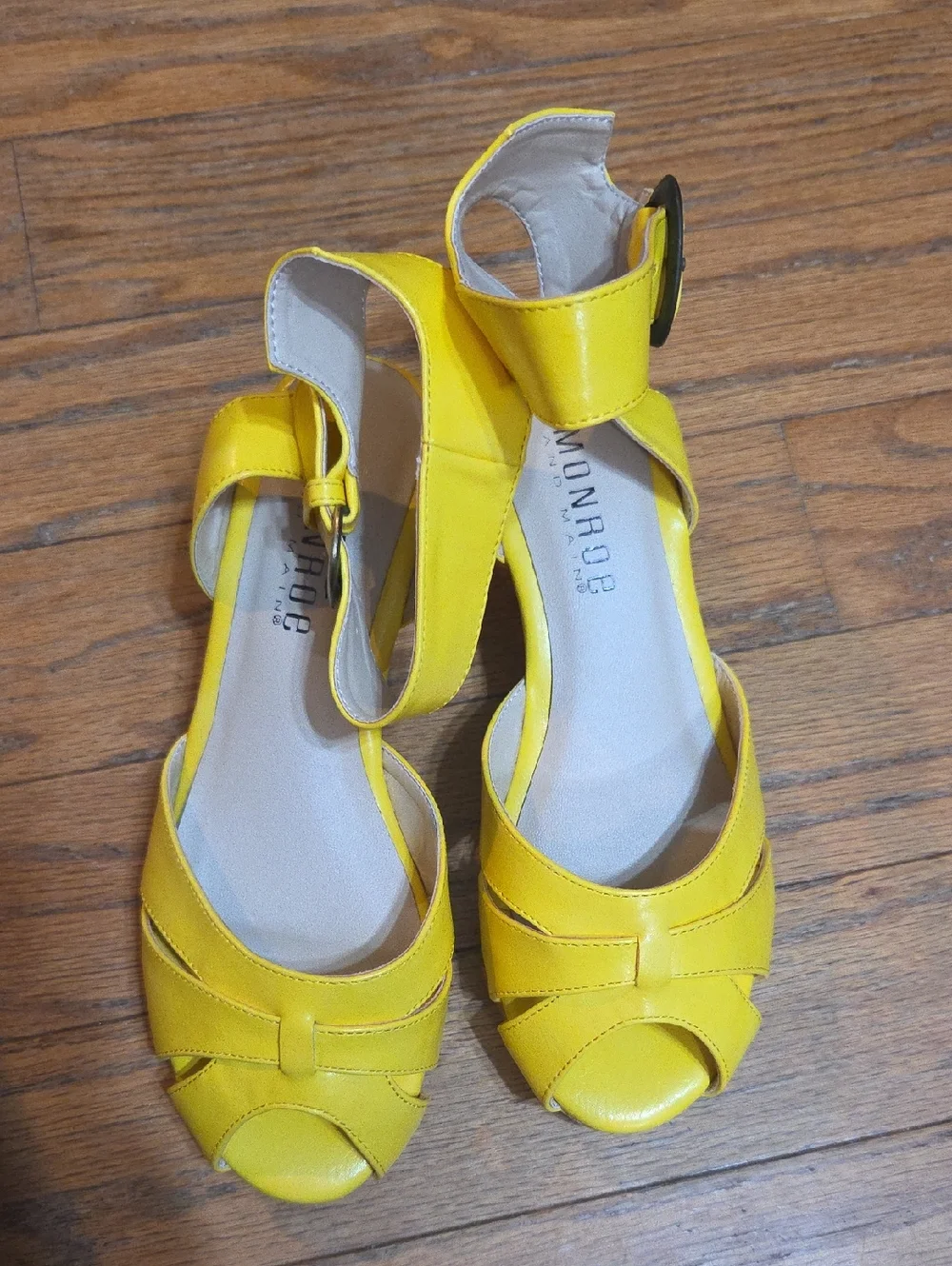 Monroe & Main Bright Yellow Cork Wedge Sandals with Ankle Buckle